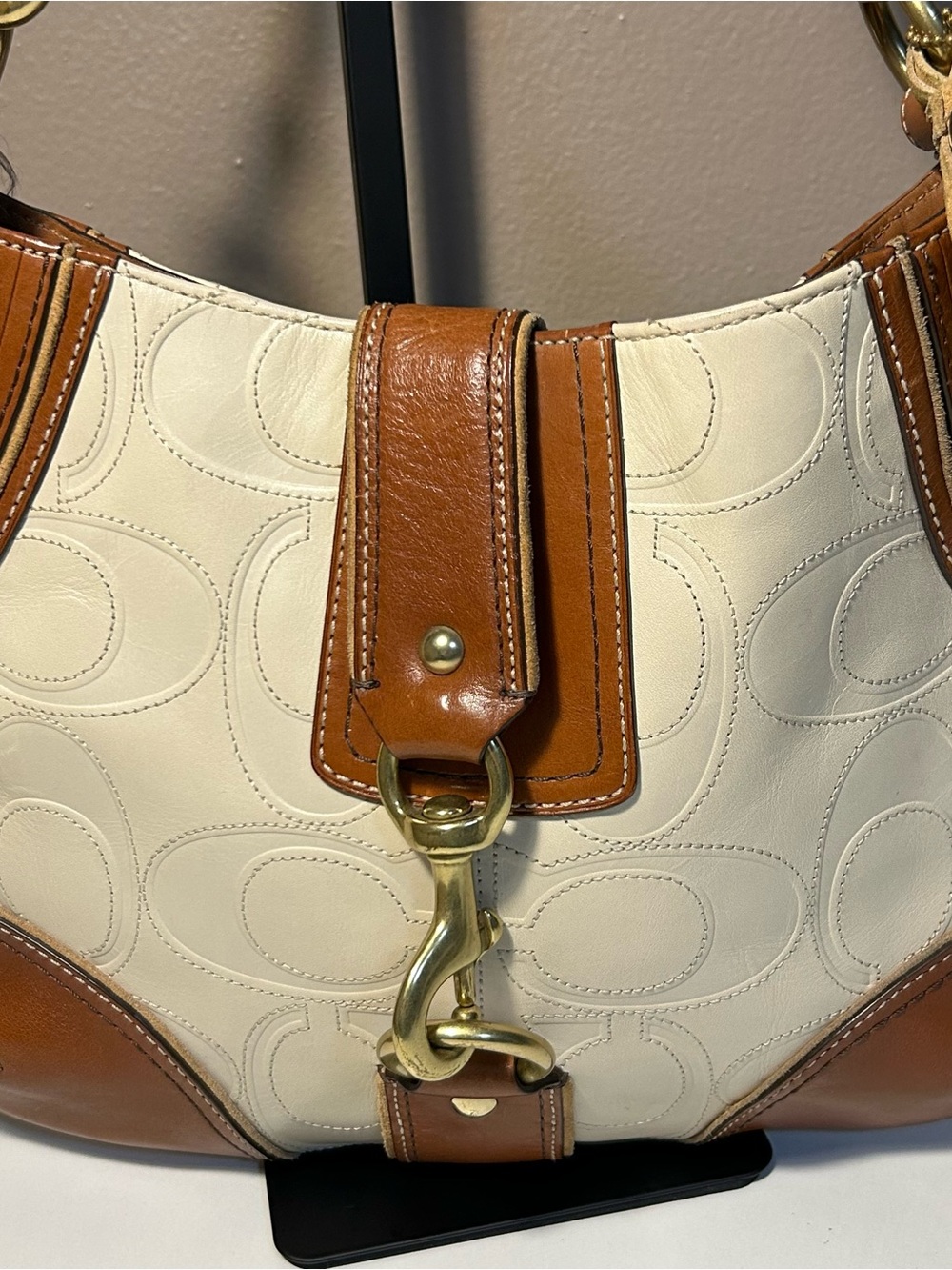 Coach Y2K Hamptons Hobo Embossed Signature Shoulder Bag Rare Brown White - Picture 3 of 14
